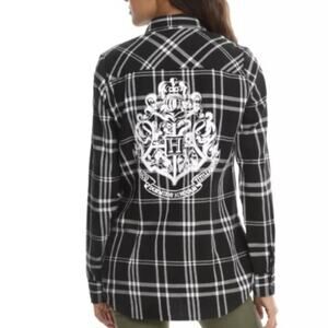 Harry Potter Hogwarts Women's XXL Hot Topic Plaid Button Up Shirt Black White